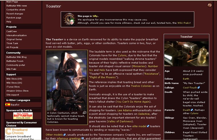 Battlestar Wiki entry for Toaster