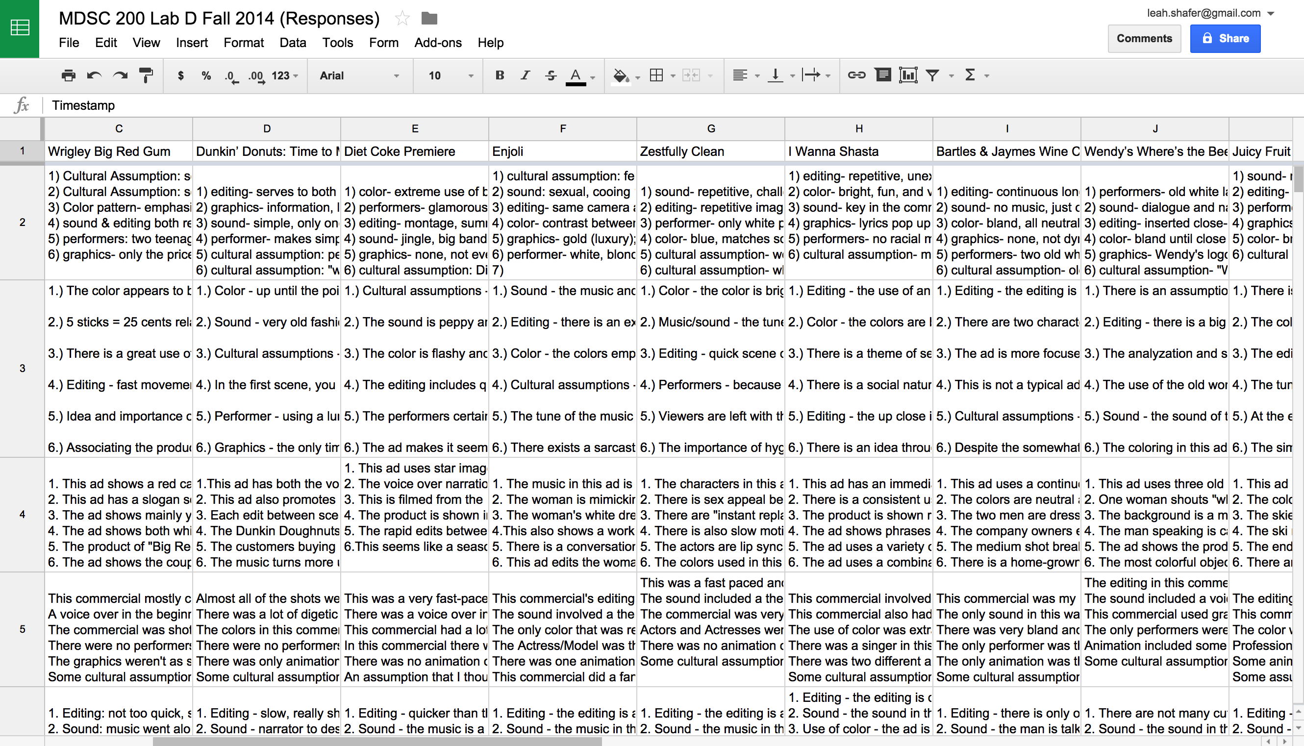 spreadsheet of student responses