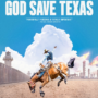 A poster for the HBO Original God Save Texas which features a cowboy riding a bull in front of a blue sky, clouds, and an oil refinery