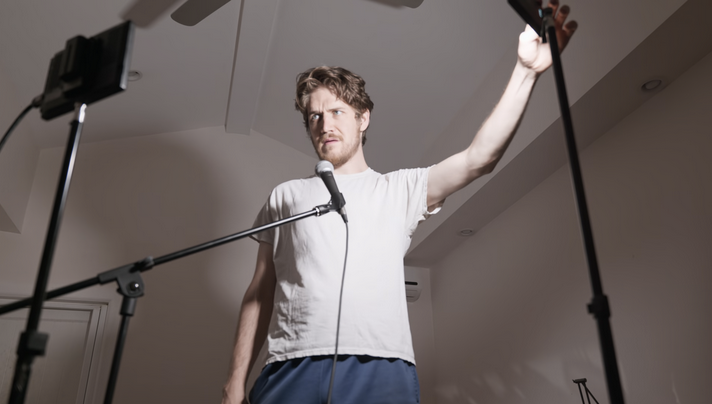 Bo Burnham tests recording equipment