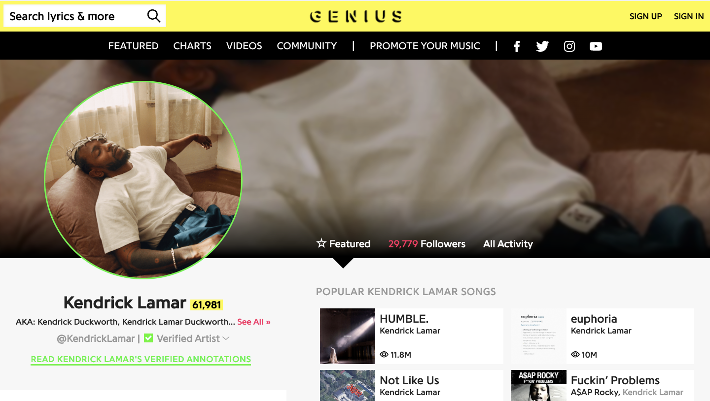 Kendrick Lamar’s artist page on the Genius website