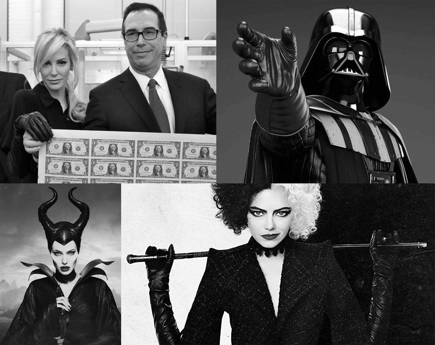 Actress Louise Linton and her husband Steven Mnuchin dressed in business attire holding an uncut sheet of one dollar bills alongside fictional characters Darth Vader, Maleficent, and Cruella de Vil