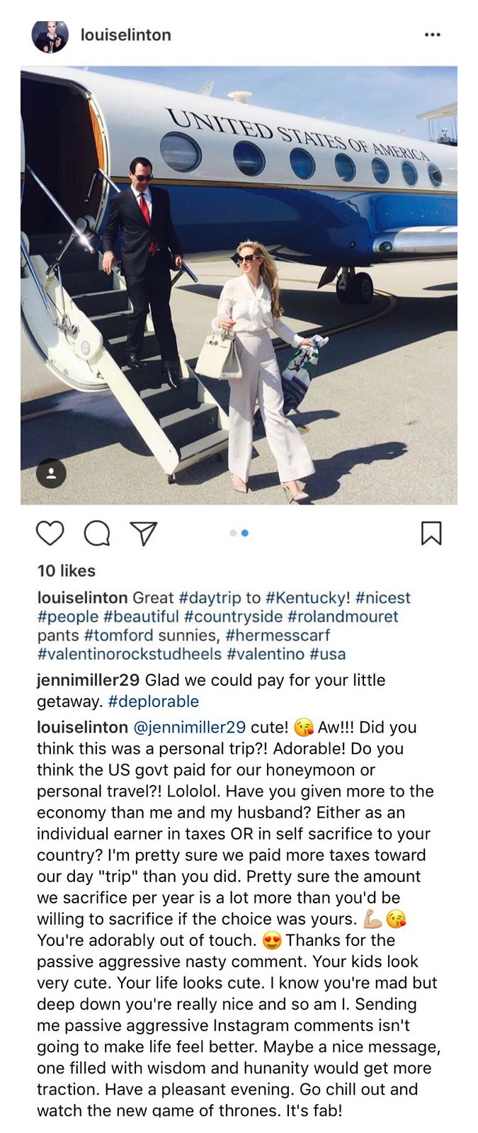 Instagram post of Louise Linton and Steven Mnuchin in business attire stepping off a private plane and Louise Linton responding to Instagram comments criticizing her for flaunting her wealth