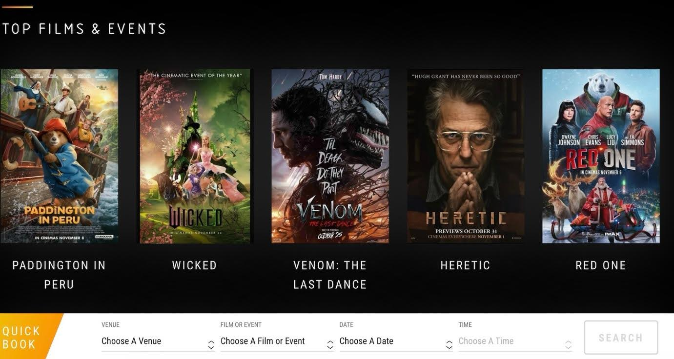 Screenshot of VUE website in the UK, featuring top film releases and drop down menus to select specific venues and showtimes from