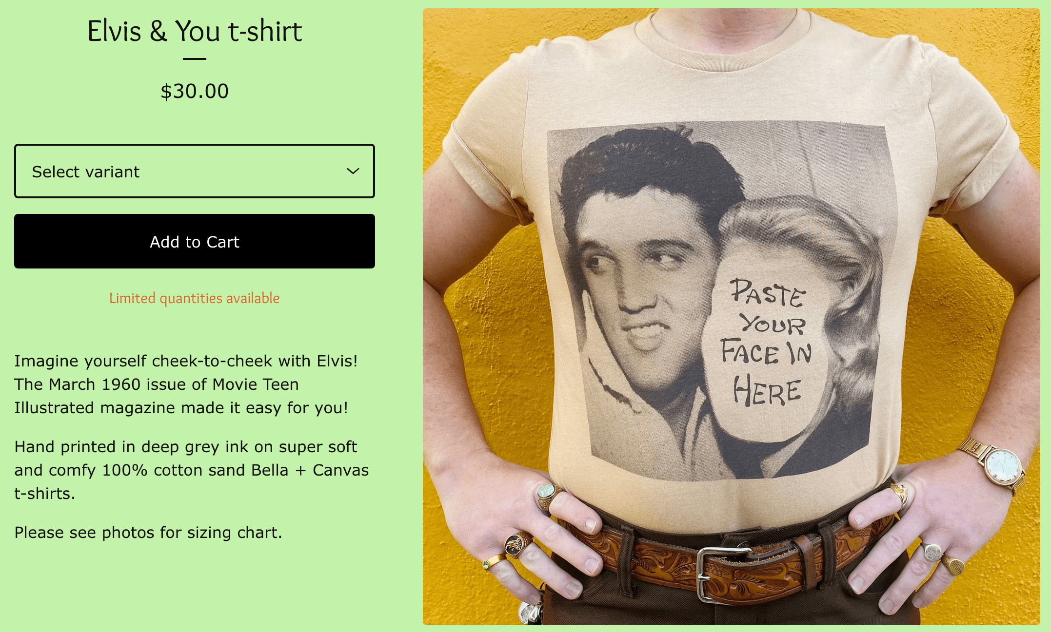 An ad for t-shirt with Elvis Presley's face and a circle reading paste your face in here